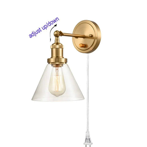 Industrial Brass Swing Arm Wall Sconces Two Pack For Headboard Bedroom And Bathroom Hardwired Or Plug In Glass Clear Lamps With On Off