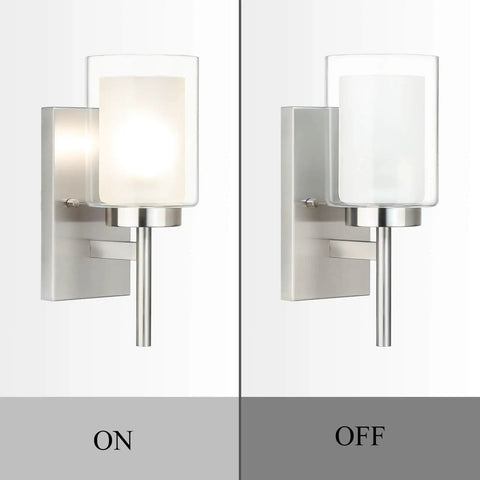 Modern 4 Light Vanity Light Sconces with Brushed Nickel Finish and Dual Glass Shades, side view shown on and off