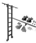Heavy Duty Steel Rolling Rail Track For Sliding Ladders And Barn Doors Rolls Like A Charm With Sturdy Floor Casters Straight Up Black Finish Complete Hardware 16 Foot Kit components including ladder, rail, and rollers.