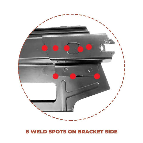Close-up of 8 weld spots on Beefy 2 Hole Steel Magazine Assembly For NR83A Nailers, 70 Nail Capacity, 21 Degree Angle