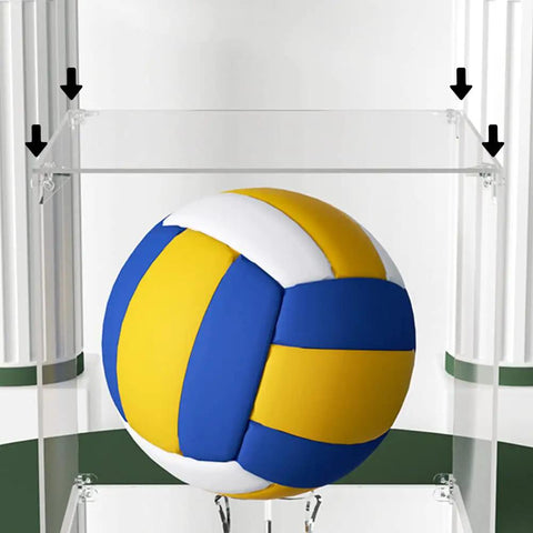 No Sweat Setup Acrylic Display Case Triangle Connector Seamless Assembly Clear Display Box holding a volleyball on transparent shelf.