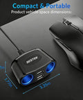 Heavy Duty Car Cigarette Lighter Splitter With Dual Usb Fast Charge Ports And 150W Power Outlet For Quick Charging Up To Four Gadgets Simultaneously For A Slick Road Ready Setup, compact design with user dimensions.