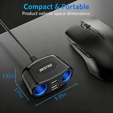 Heavy Duty Car Cigarette Lighter Splitter With Dual Usb Fast Charge Ports And 150W Power Outlet For Quick Charging Up To Four Gadgets Simultaneously For A Slick Road Ready Setup, compact design with user dimensions.