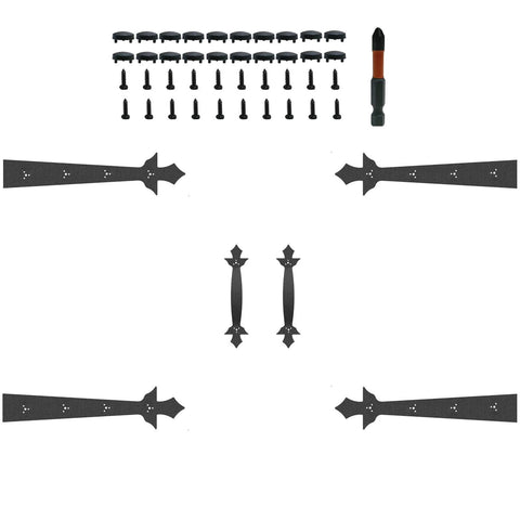 Screw Mounted Faux Garage Door Hardware Set With 4 Hinges And 2 Handles In Durable ABS Plastic, includes screws and screwdriver bit