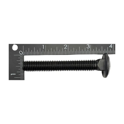 Beefy One Half Inch Carriage Bolts With Thirteen Threads Per Inch, Three And One Half Inch Long, Grade Eight, Ten Pack, Heavy Duty Round Head Square Neck, Black Oxide Finish, SAE J429 shown with ruler