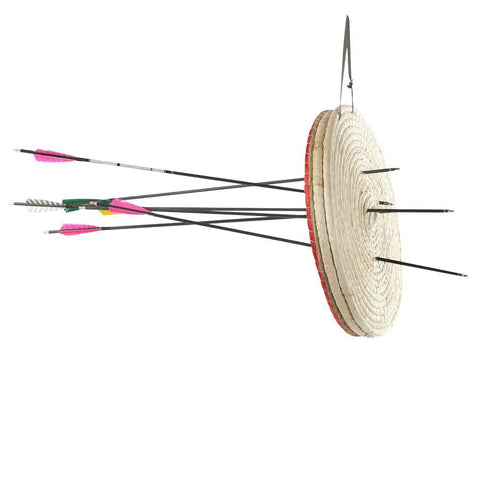 Traditional 3-Layer Straw Archery Target Hand Made For Outdoor Practice, 20 Inch Solid Core With 2.3 Inch Thickness, side view with arrows