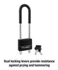 Adjustable Shackle Padlock With Key In Black Vinyl Covered Aluminum Body shown with keys and dual locking feature