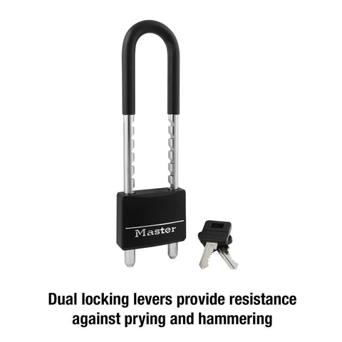 Adjustable Shackle Padlock With Key In Black Vinyl Covered Aluminum Body shown with keys and dual locking feature