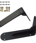 Rock Solid Heavy Duty Metal Corner Brackets For Floating Shelves with bolts and screws, matte black iron design, strong support.