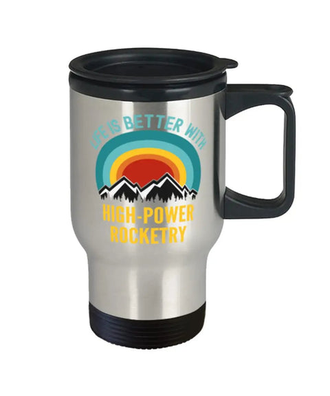 Rocketry Themed 14 Oz Coffee Travel Mug With Easy Grip Handle Ultra Durable Build Cup Holder Friendly Tapered Base Slanted Sip Lip