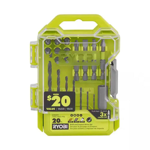 20-piece drill and drive bit set in packaging, part of the 18V Cordless Drill Driver Kit With Battery, Charger, Impact Driver.