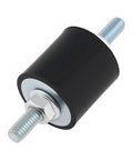 Single M6 rubber isolator mount with double-ended studs for Four Pack M6 Rubber Isolator Mounts With Double Ended Studs 25x25mm Cylindrical Anti Vibration Dampers For Air Compressors Pumps Generators Motors Engines. Close-up of cylindrical anti-vibration damper on white background.