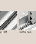 Stainless Steel Sliding Patio Door Repair Track Cap For 48 Inch Aluminum Tracks One Quarter Inch Thick Replacement Part Set Of 2 Durable DIY Friendly Easy Install And Fixes Worn Or Damaged Track shown installed with track joint and finished track.