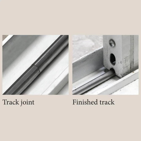 Stainless Steel Sliding Patio Door Repair Track Cap For 48 Inch Aluminum Tracks One Quarter Inch Thick Replacement Part Set Of 2 Durable DIY Friendly Easy Install And Fixes Worn Or Damaged Track shown installed with track joint and finished track.