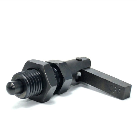 Dead Nuts Precise Index Plunger Pin With L Handle M10 And M12 Thread One Piece Locking Tool For Jig Fixture Alignment Heavy Duty Build Straight Up Industrial Grade Part close-up.