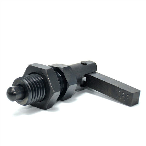 Heavy Duty Index Plunger Pin With Ergonomic L Handle For Dead On Alignment In Pro Garages And Workshop Sheds Smooth Action Metric Threaded Steel Build Quality, shown from the side with lever in off position.