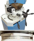Badass 3 Phase Cold Saw With 14 Inch Blade And Massive Heavy Duty Stand For Chopping Through Steel And Iron Includes Swivel Base Vise Auto Retracting Guard 1.5 HP Motor Knocks Out Ferrous Work Fast High Low Speeds showing controls and cutting blade setup.
