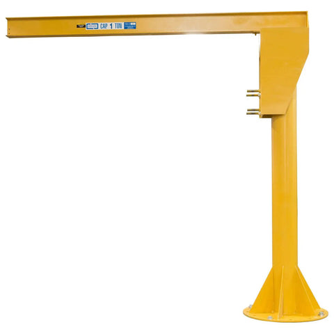 Heavy Duty Floor Mounted Jib Crane 10 Foot Span 2000 Lb Capacity in cat yellow, featuring a solid steel pedestal base.