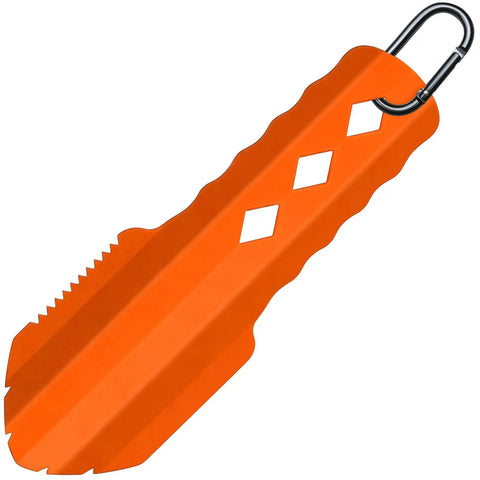 3 In 1 Ultralight Backpacking Trowel Shovel And Potty Tool with ergonomic handle in durable orange aluminum for hiking and survival.
