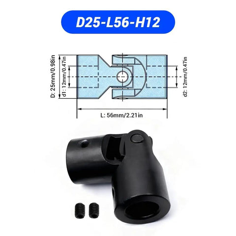 Diagram and photo of Beefy 12mm To 12mm Universal Joint Coupling For RC Cars And Robots, 25mm Dia By 56mm Length Carbon Steel Connector