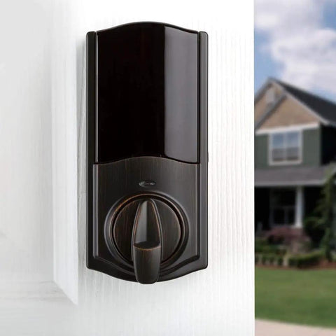 Bluetooth Smart Lock Conversion Kit Turns Your Existing Deadbolt Into A Lock You Can Control With Your Phone Works With Kwikset Weiser Baldwin And Schlage Plus Remote Locking With Hub For Easy Home Security Upgrade installed on white door