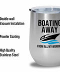 Boating Away 12oz Silver Wine Tumbler For Pontoon Boats And Yachts Insulated Stainless Steel Cup engraved with boat logo