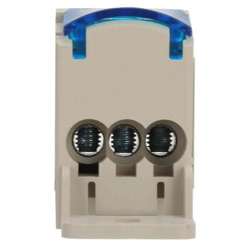Front view of Three Pack Din Rail Distribution Box with screw terminal strip block for electrical wiring and flame retardant shell.