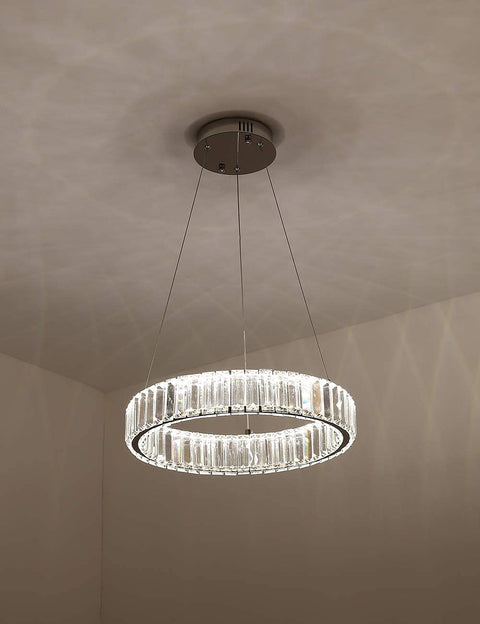Elegant Modern Crystal Pendant Light for Dining and Living Rooms, 15.7 Inch Round Glass LED Fixture with one ring design