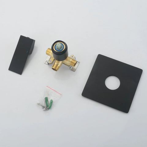 Shower mixer valve trim kit with brass valve body and matte black escutcheon, 5.3-inch cover
