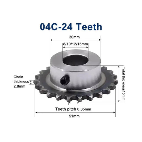 Fresh 04C Sprocket With 24 Teeth And Solid Inner Diameters For Industrial Drive Systems, 30mm shaft hole, 51mm outer diameter.