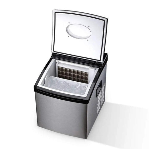Sleek Portable Countertop Ice Maker Machine Runs Super Quiet Generating Crisp Square Ice Cubes Fast includes a clear storage bin.