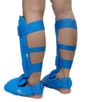 Back view of Blue Karate Shin Guard Set With Instep Protection And Gloves, WKF Certified For Training And Competition, Medium Size