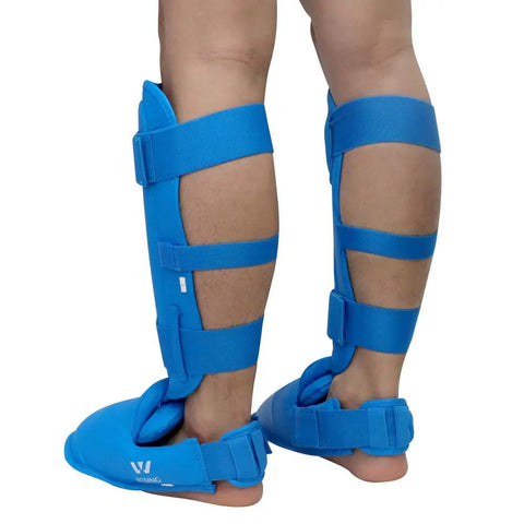Back view of Blue Karate Shin Guard Set With Instep Protection And Gloves, WKF Certified For Training And Competition, Medium Size