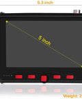 Front view of Handy 5 Inch Wrist CCTV Tester with HDMI and VGA inputs, showing dimension and red buttons for AHD CVI TVI CVBS use.
