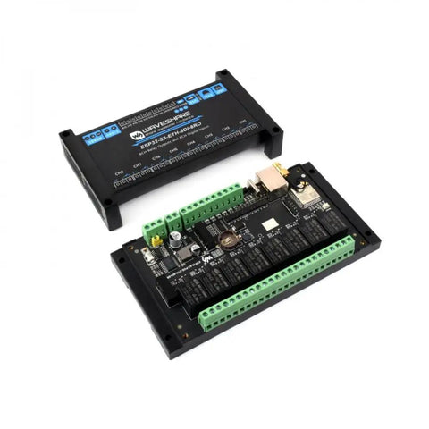 8 Channel ESP32 S3 WiFi Relay Module With RS485 Isolation And Dual Core Processor 8 Digital Inputs And 8 Relay Outputs For DIY Smart Home Automation And Industrial Control Projects, black PCB with green terminals
