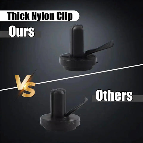 Comparison of Ford F Series Super Duty Tailgate Upper Rubber Bumper Bushing Kit With Beefy Fit showing thick nylon clip vs others