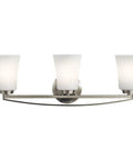 Three Light Bath Fixture From The Tao Collection In Brushed Nickel Damp Location Steel Bath Light With 5 Inch Backplate Requires 3x 75W A19 Bulbs Not Included Sleek Modern Dope Home Decor For Hallway Or Vanity
