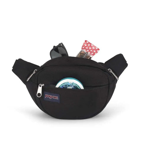 Fifth Avenue Fanny Pack Crossbody Bag For Women And Men, black waist bag with adjustable belt, items in zippered pocket