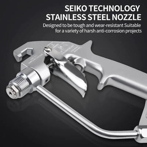 Close-up of stainless steel nozzle for Top Shelf Airless Paint Spray Gun With Reversible 517 Nozzle Tip, 5000 Psi Heavy Duty Workhorse.