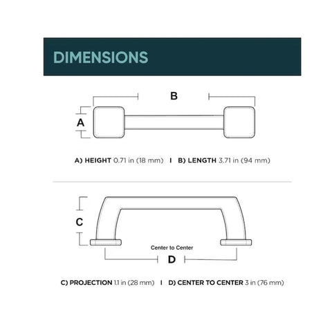 Technical dimensions of 3 Inch Rounded Square Cabinet Drawer Pull Matte Black Finish, Durable Metal Handle With 76mm Center To Center