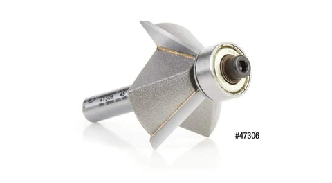 Pro Grade Carbide Tipped Chamfer Router Bit With Ball Bearing, 3 Flutes, 45 Degree Bevel, 15/16 Inch Diameter, side view