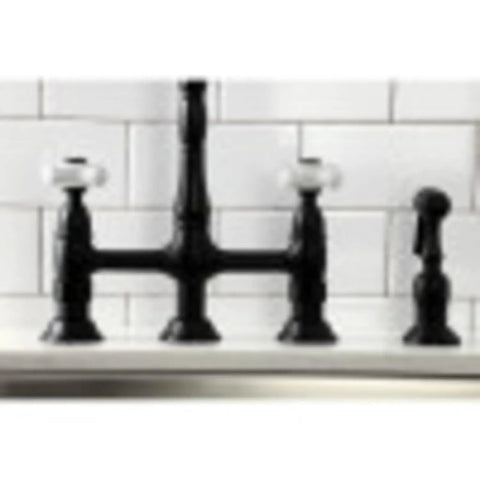 Heritage Bridge Kitchen Faucet With Two Handles And Metal Side Sprayer, 8 Inch Center Spacing, 4 Hole Mount, black finish.