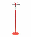 Front view of Sunex 6809A underhoist stand, red steel post, 12-inch round base, contoured saddle, spin handle.