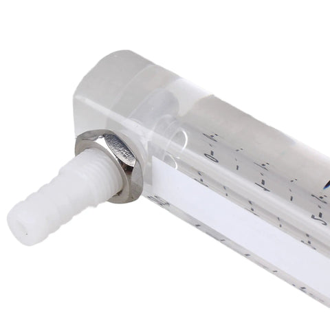 Close-up of Oxygen Gas Flowmeter Acrylic 0.5 To 5 LPM With Control Valve showing threaded connection for industrial oxygen regulation