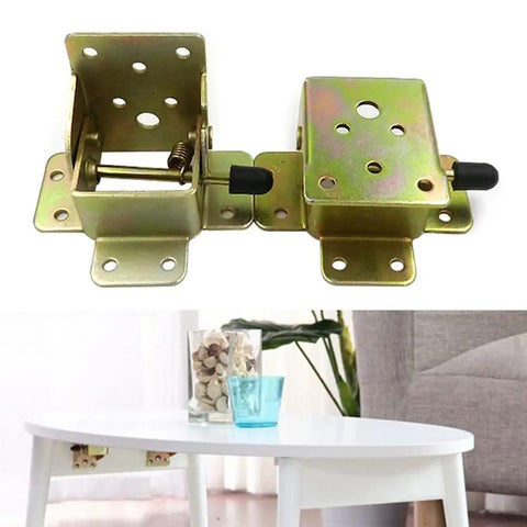 Kickass 90 Degree Folding Self Locking Hinge With Heavy Duty Furniture Foot Bracket Galvanized Metal Iron Dark Bronze Finish For Cabinets That Really Hold Their Ground Smoothly Every Single Time Without Any Hassle displayed with silver metal brackets on a table.
