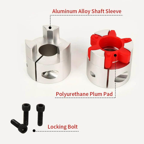 Plum Flexible Shaft Coupling 8mm To 14mm Bore Aluminum Alloy Body with red polyurethane pad and locking bolts, shown disassembled.