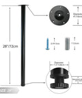 Adjustable 28 Inch Metal Desk Legs Set Of 4 In Heavy Duty Black Finish For Office Desks And Tables One Point Five Inch Diameter Height Adjusts About Point Seven Inch Includes Mounting Plates And Screws For Easy DIY Furniture Upgrade, dimensions and components shown