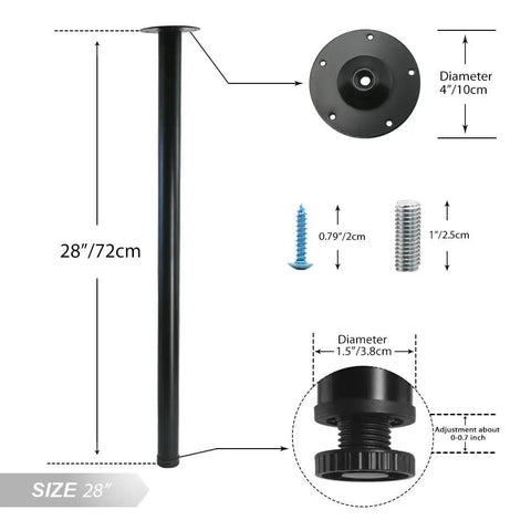 Adjustable 28 Inch Metal Desk Legs Set Of 4 In Heavy Duty Black Finish For Office Desks And Tables One Point Five Inch Diameter Height Adjusts About Point Seven Inch Includes Mounting Plates And Screws For Easy DIY Furniture Upgrade, dimensions and components shown