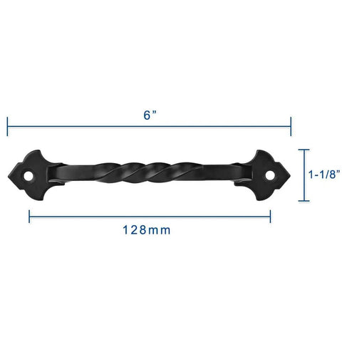 6 Inch Rustic Black Cabinet Hardware Twist Handle Pull With 128mm Hole Centers, Solid Steel Construction, top view with measurements