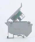 Side view of a gray LED Indicated DIN Rail Fuse Holders And Disconnect Terminal Blocks With Screw Clamp, 24V DC, nylon PA66 housing.